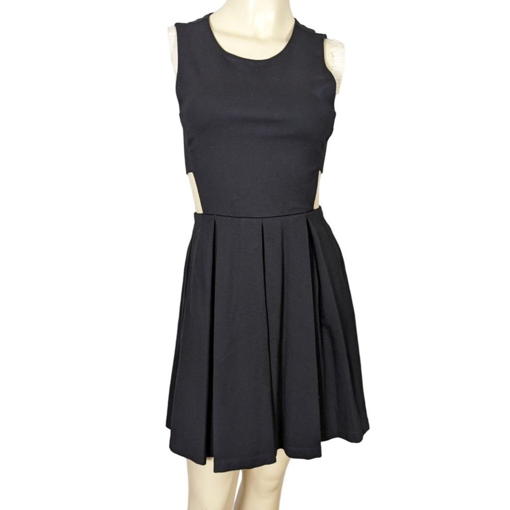 LuLu's Pleat black skater dress side cutouts fitted waistline pleated dress sz S
